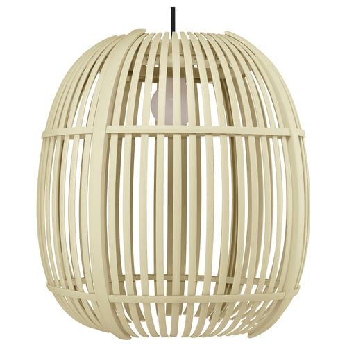 En SOLVINDEN beige oval pendellampa med en underhållsfri plastrottingdesign.