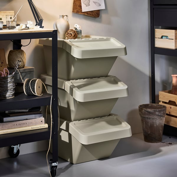 SORTERA Sorteringskärl med lock, beige, 37 l