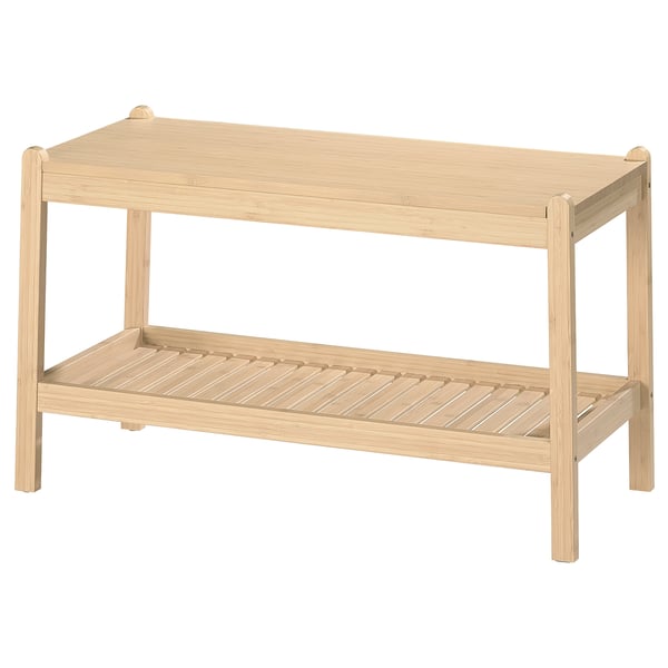 IKEA STEGESUND bambuhylla med naturlig finish, rektangulär form, tvåvåningsdesign.