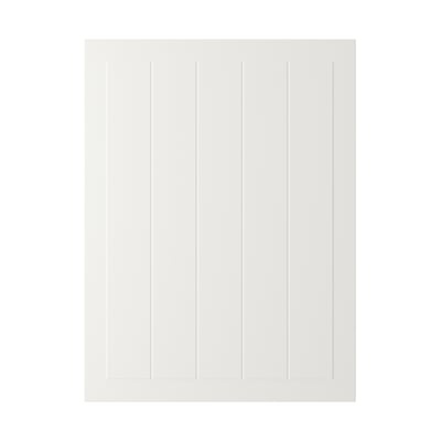 Vit träpanel. Enkel, ren och rektangulär design. Sex vertikala räfflade paneler.