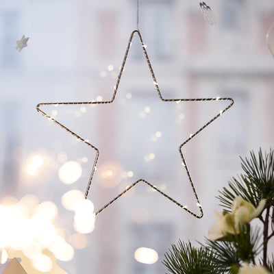 STRÅLA LED dekorationsbelysning, batteridriven/stjärnformad silverfärgad, 27 cm