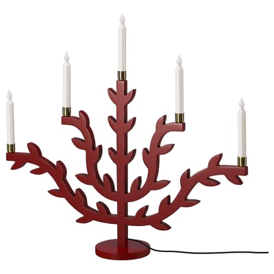 STRÅLA LED ljusstake, trä löv/röd