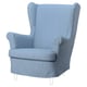 Variant: Blårandig wingback-stol med hög rygg och armstöd, estetisk, bekväm.