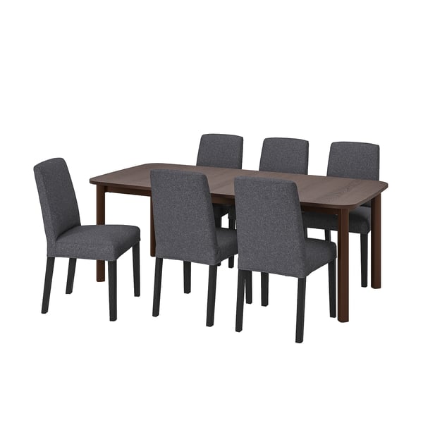 STRANDTORP / BERGMUND Bord och 6 stolar - brun/Gunnared mellangrå 150/205/260 cm