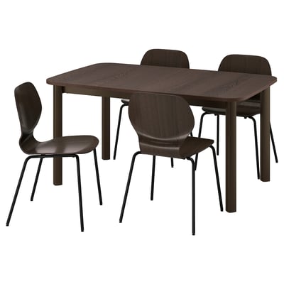 Mörkbrun matgrupp med 1 utdragbart bord och 4 trästolar. Modern, enkel design med metallben.