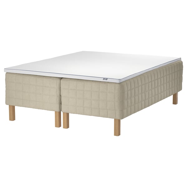 STUVLAND madrassset - beige med träben, linnestruktur, ljus ram.