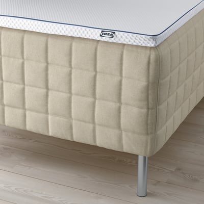 Bilden visar hörnet av beige IKEA-madrass på sängramen med synliga ben.