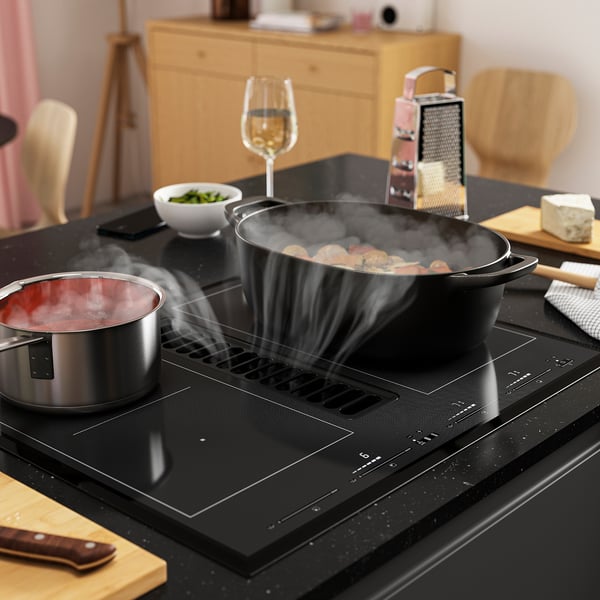 TÄCKNAN Induktionshäll/integrerad köksfläkt, IKEA 500 svart, 60 cm