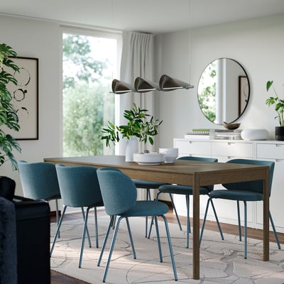 TONSTAD / KRYLBO Bord och 6 stolar, brunlaserad ekfaner/Axvall blå, 200x85 cm