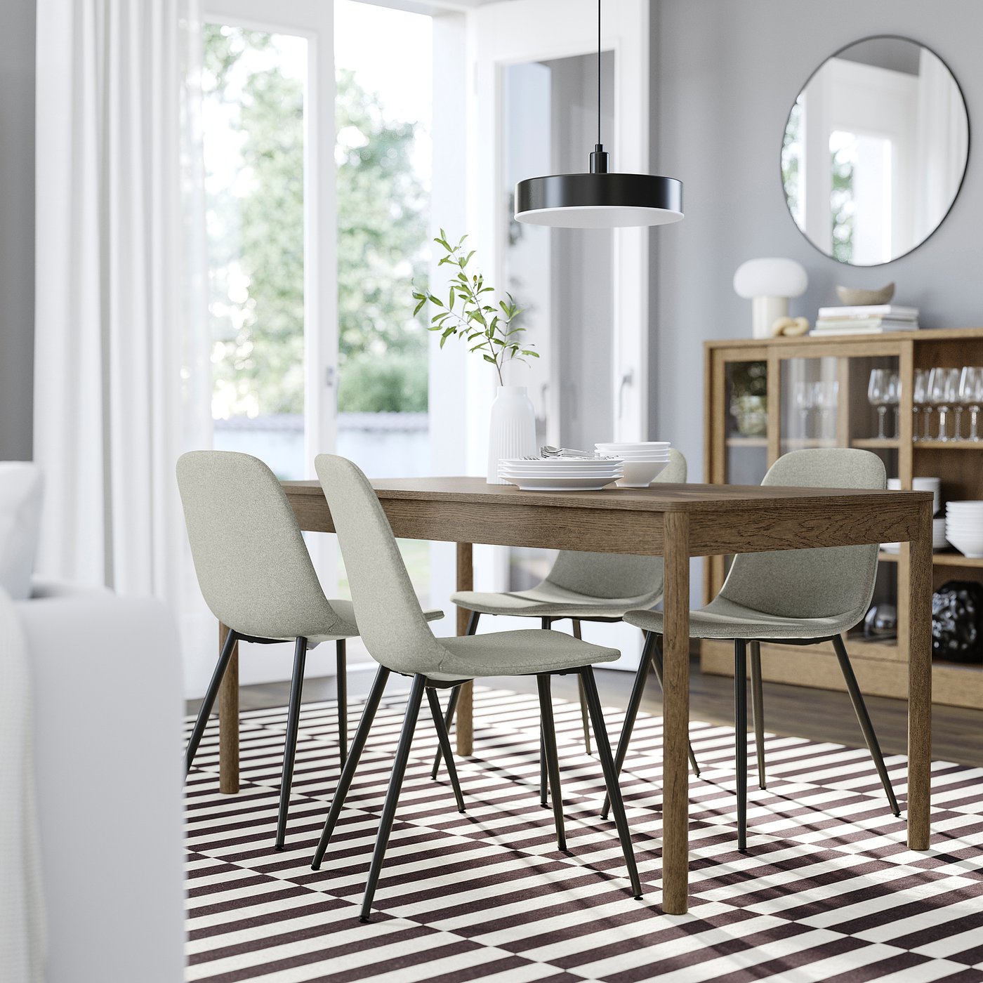 IKEA TONSTAD / NORDMANSSKÄR bord och 4 stolar, brunlaserad ekfaner/tonerud grå svart, 150x80 cm