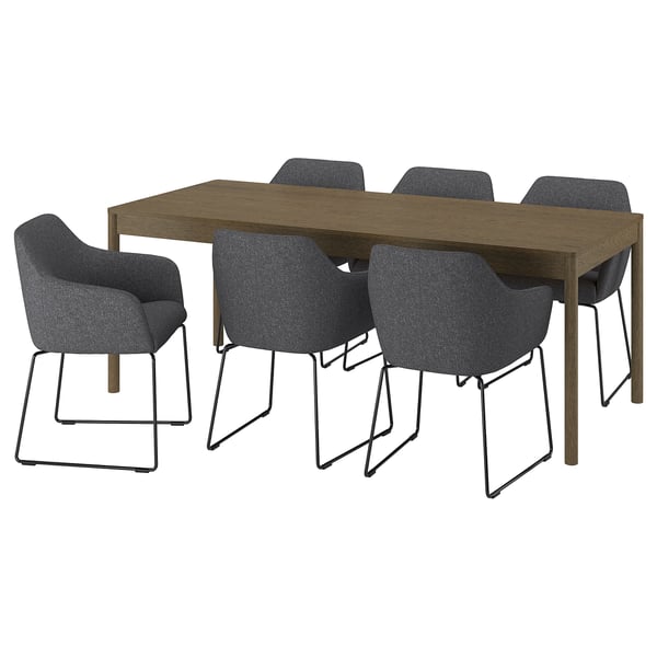 TONSTAD / TOSSBERG Bord och 6 stolar - brun ekfaner/Gunnared mörkgrå svart 200x85 cm