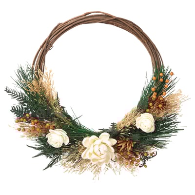 Rund dörrkrans, brun repbotten, grön tall, beige blommor, torkade växtdekorationer.
