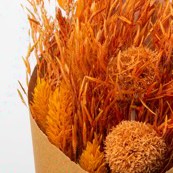Torkade blommor i beige vas; livfulla orange nyanser, texturerade stjälkar, arrangerade naturligt.