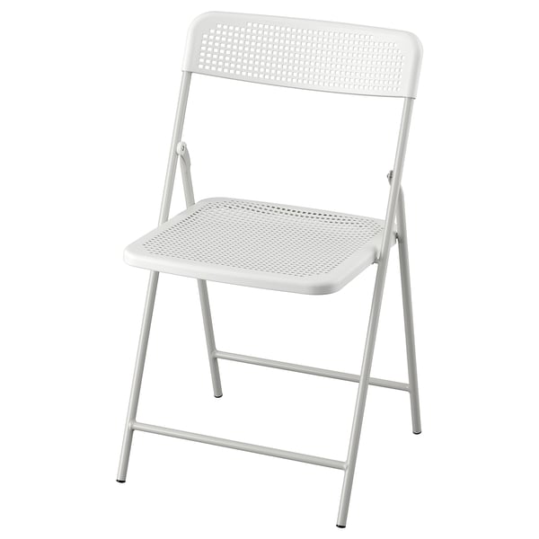 TORPARÖ vit hopfällbar stol, plast och stål, fyrkantiga perforeringar, minimalistisk design.