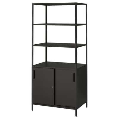 Svart ikea TROTTEN förvaringsskåp med öppna och stängda sektioner.