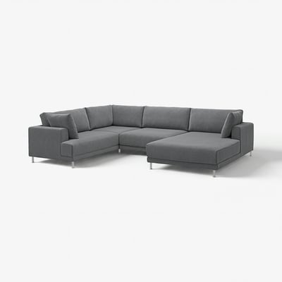 Modern grå UPPÅKRA sektionssoffa, ren design, tjocka kuddar, kromade ben.
