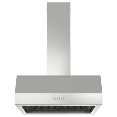 Spiskåpa i rostfritt stål med LED-lampor och kontrollpanel. Modern design, väggmonterbart och kanallöst alternativ tillgängligt.