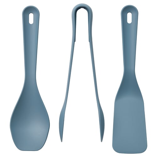 Gråblå 3-delars köksredskapsset: stekspade, sked, tång, polyamidplast, platsbesparande.