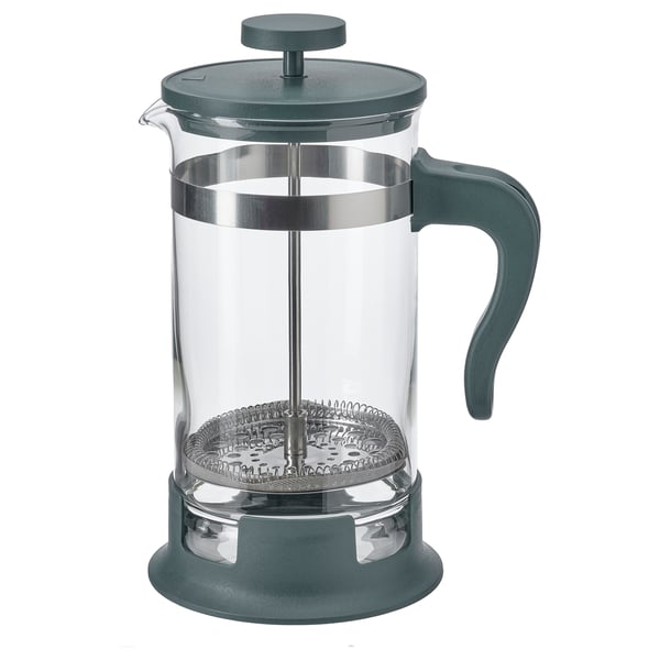 UPPHETTA grön fransk press: elegant glaskropp, filter i rostfritt stål, ergonomiskt handtag, slitstarkt plastlock och bas.