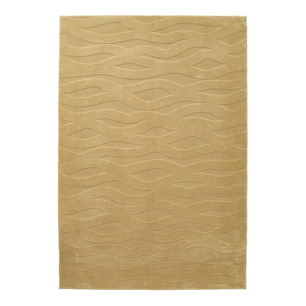 Den här bilden är en beige VÄXELFEL-matta med ett texturerat, vågigt mönster. Tillverkad av återvunnen polyester, mjuk och har en halkskyddande baksida.
