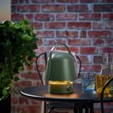 Grön VAPPEBY högtalarlampa på bordet med glasögon och växt, spelar musik och lyser upp.