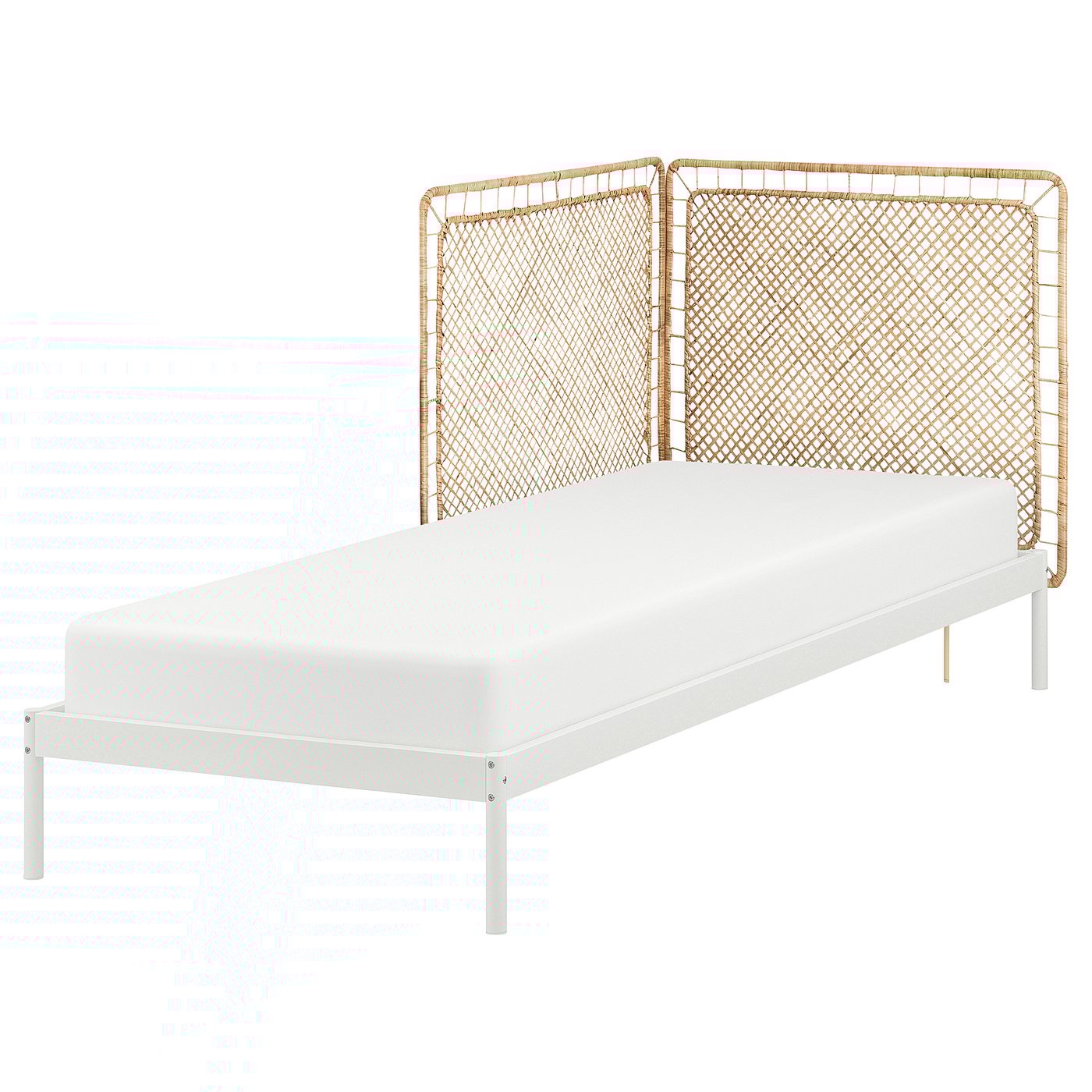 IKEA VEVELSTAD sängstomme med 2 sänggavlar, vit/tolkning rotting, 90x200 cm, sängstomme