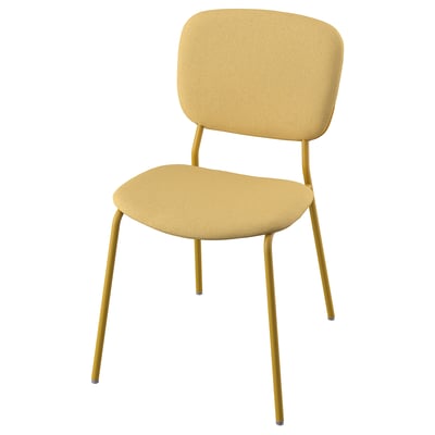 Den här bilden är en gul ikea VIHALS stol med sits och rygg i tyg, som stöds av fyra smala metallben, designade för komfort och stil.