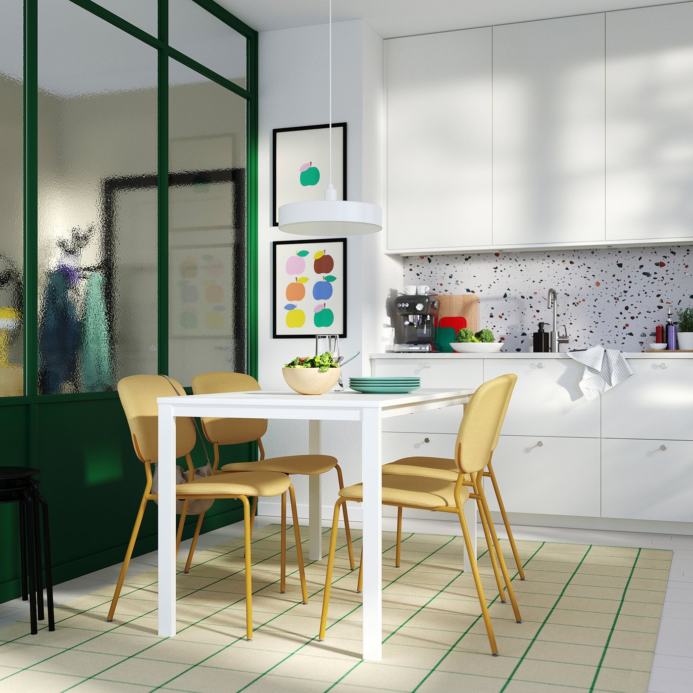 IKEA VIHALS / bord och 4 stolar, vit vit/gul tibbleby gul, 125x74 cm