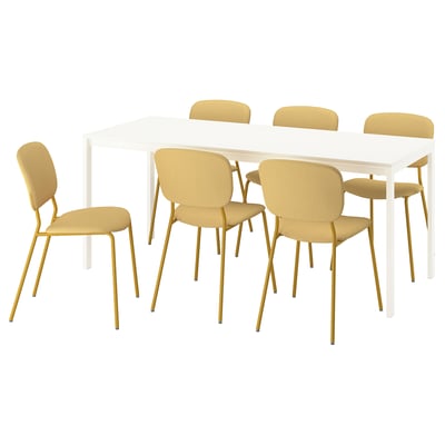 VIHALS / VIHALS Bord och 6 stolar, vit/gul Tibbleby gul, 120/180x74 cm