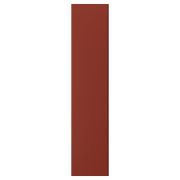 Röd rektangulär panel, modern minimalistisk design, integrerat spårhandtag.