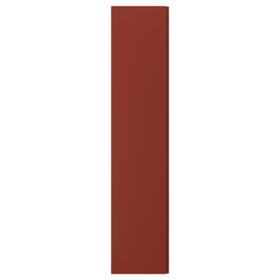 Röd rektangulär panel, modern minimalistisk design, integrerat spårhandtag.