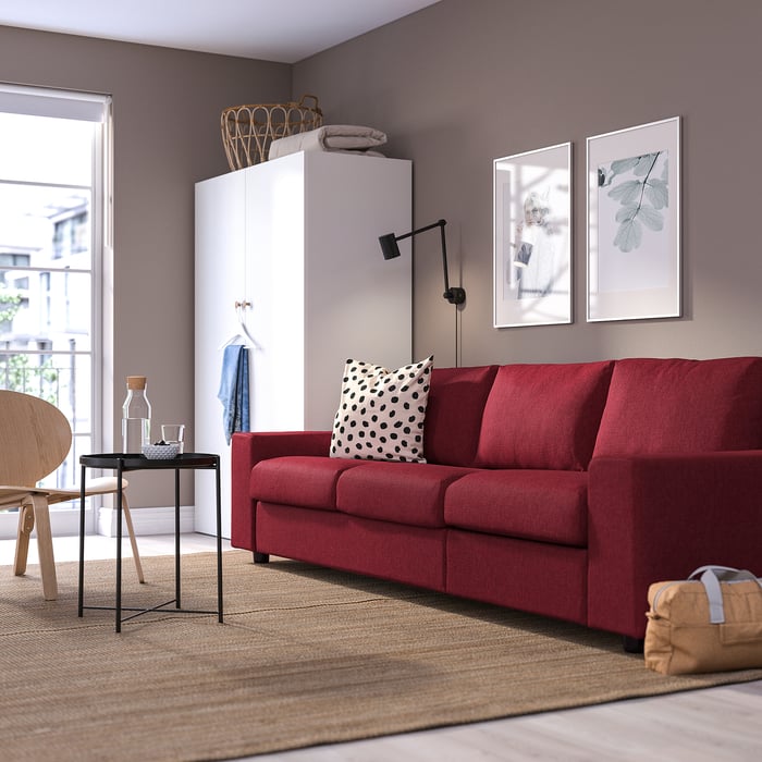 VIMLE 3-sits bäddsoffa, med breda armstöd/Lejde röd/brun - IKEA