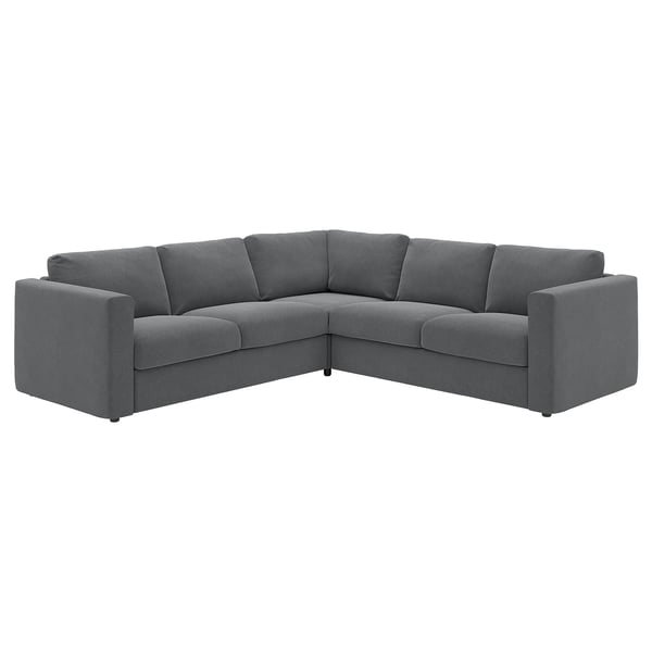 VIMLE sektionsoffa, slank grå, modern minimalistisk design, L-formade, mjuka tygöverdrag.