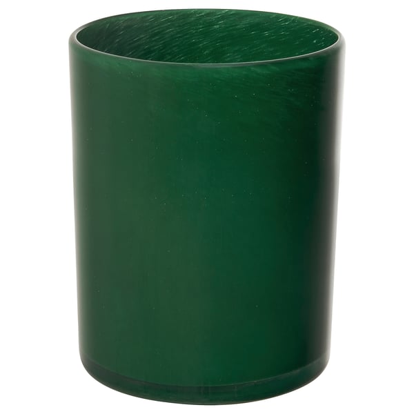 Mörkgrön, cylindrisk ljusstake i glas med frostad struktur.