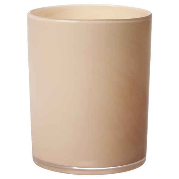 Sex tum hög, cylindrisk, ljusbeige ljusstake i glas.