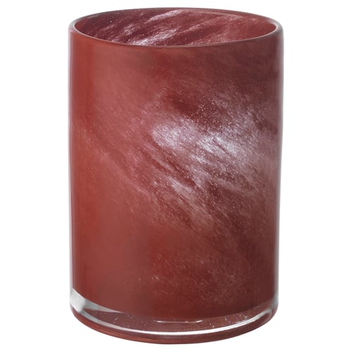 VINDSTILLA ljusstake i rött glas, cylindrisk form med dekorativt målat mönster.
