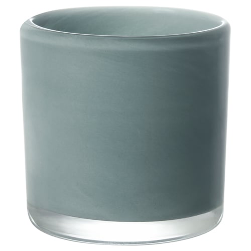Cylindrisk grå ljusstake i glas med frostad yta.