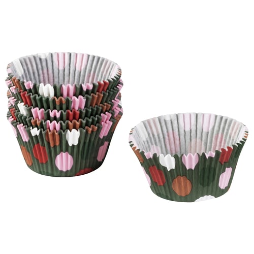 Två färgglada muffinsformar, VINTERFINT, flerfärgade med hjärtan, blommig form, pappersmaterial.