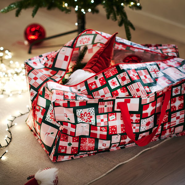 Jultema tvättpåse, tomtedesign, röda och gröna mönster.