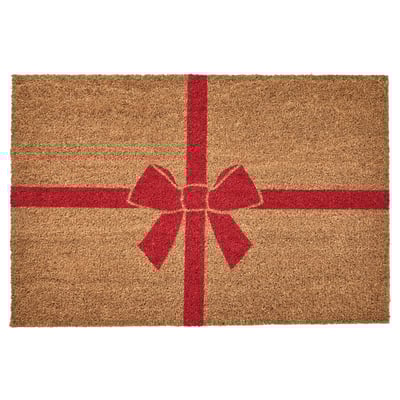 VINTERFINT matta, röd presentdesign på naturlig kokosfiber, rektangulär form.