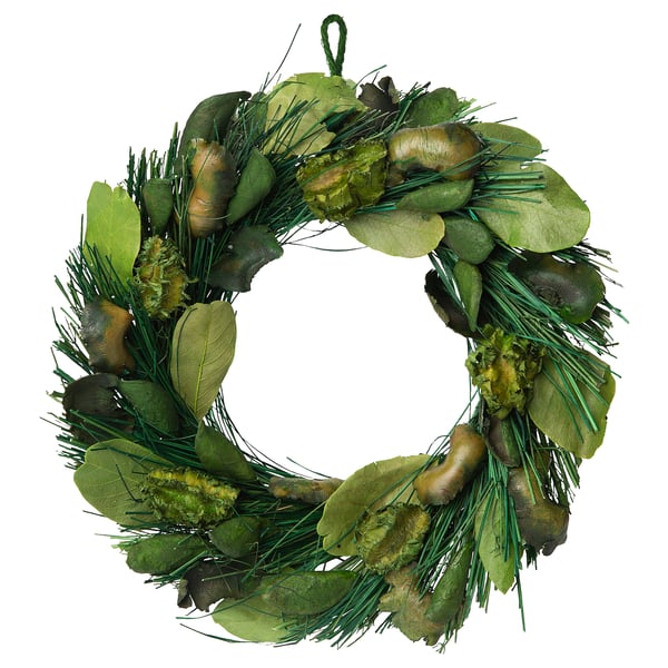 Grön krans VINTERFINT med torkade växter och blad, rund form, naturlig dekor.