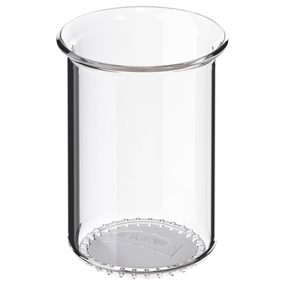 VOXNAN glaskopp, klar, rund, enkel design, sitter på en plan yta.