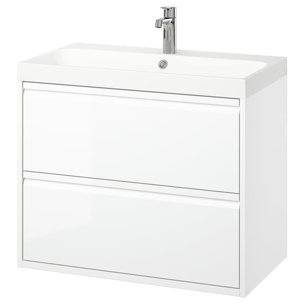 ÄNGSJÖN / BACKSJÖN Wash-stnd w drawers/wash-basin/tap, high-gloss white, 80x48x69 cm