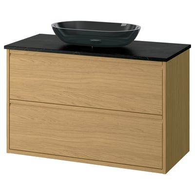 Modern wooden vanity with dark countertop & black bowl sink. -zero.