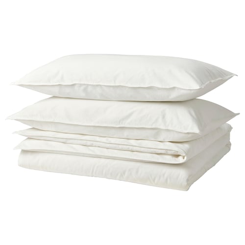 White ÄNGSLILJA duvet set with 2 pillowcases, soft recycled cotton, concealed studs.