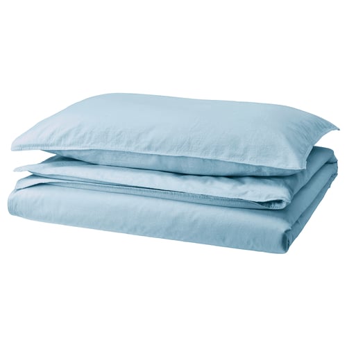 ÄNGSLILJA blue bedding set. Soft cotton duvet and pillowcases, square corner design.