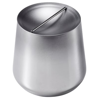 Silver AFTONHAJ canister. Round with flat top, slim slot. Stainless steel. Modern, elegant design.