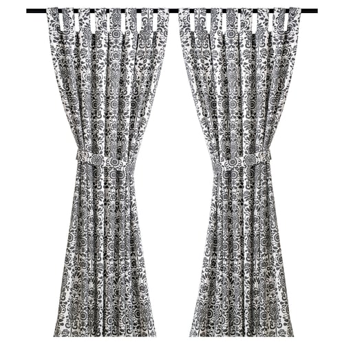 ÅKERKULLA black white floral patterned curtains, sheer fabric, tab heading design for privacy and light control.