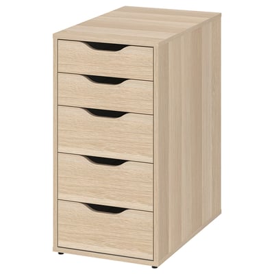 An ALEX wooden filing cabinet in a light oak finish. It has five drawers with sleek handles and a square shape.