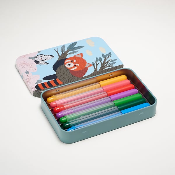 Colourful markers in animal tin box.